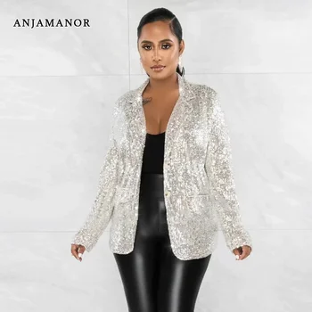 ANJAMANOR Brilhante Lantejoulas Blazer para as Mulheres de Moda Outono-Inverno 2023 Novo em Outerwears Elegante Terno Jaquetas Casacos D62-FZ40