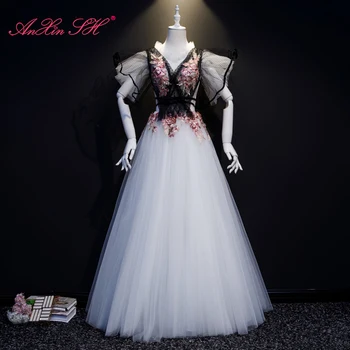 AnXin SH princesa preto branco do laço cor-de-rosa bordado de flor fase de luxo de pescoço de v babados beading host bola vestido vestido de noite