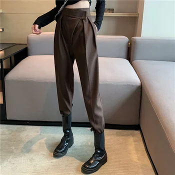 Primavera, Outono, as Mulheres de Longa Casual Calças de Harém Estilo coreano de Moda Solta a Assimetria de Cintura Alta Preta Calças Cargo LJ162