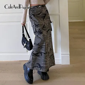 Cuteandpsycho Impressão de Camuflagem de Carga Saias Longas Vintage Bolsos de Moda Streetwear Roupas Para Mulheres Y2K Verão Zíper Roupas