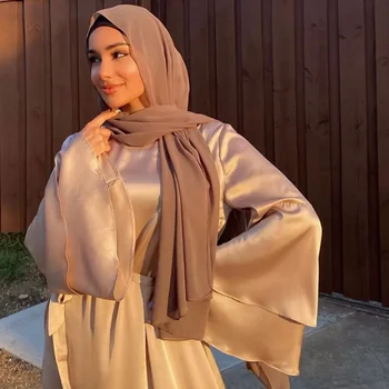 Verão Flare Manga Muçulmano Moda Maxi Vestidos para as Mulheres do Islã Roupas kaftan Ramadã, Eid Cetim Hijab Vestido de Dubai Abaya Turquia