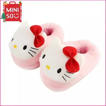 Miniso Sanrio Hello Kitty De Pelúcia Chinelos De Quarto Cartoon Inverno Quente Interior De Algodão, Chinelos De Quarto Kawaii Girls Moda Antiderrapante Casa De Sapatos